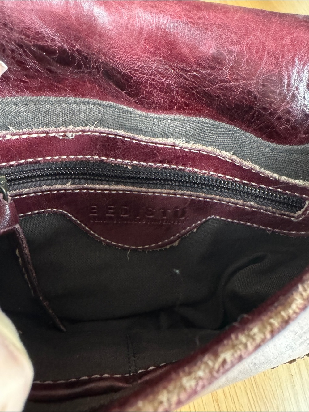 BED|STU Burgundy Whipstitch Leather Crossbody with Tassel Halfmoon - Picture 7 of 9